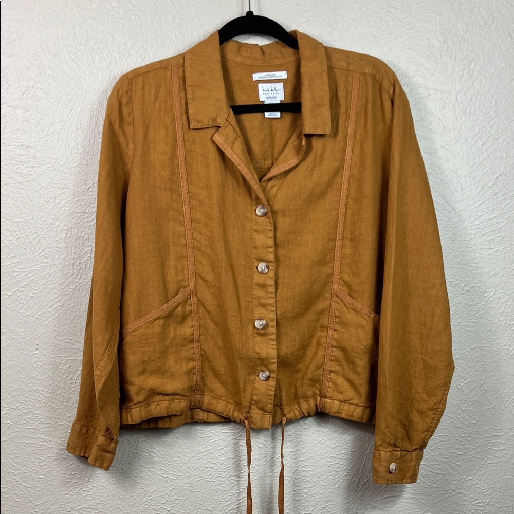 Nicole Miller New York Linen Khaki Caramel Button Front Jacket Large